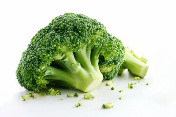 Fresh raw broccoli cabbage on white background. Green vegetable inflorescence, vegetarian and healthy food, cooking ingredient close-up.