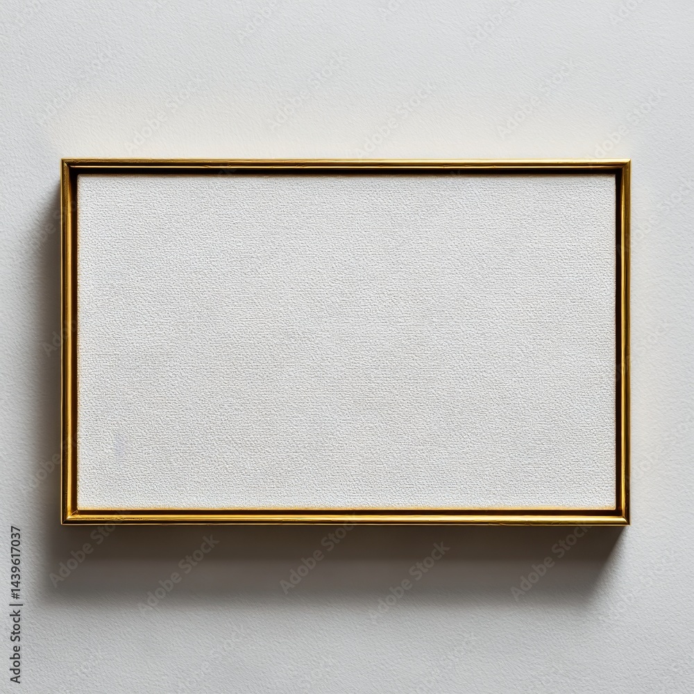Poster elegant gold frame displaying a textured white canvas on a neutral wall, ready for art
