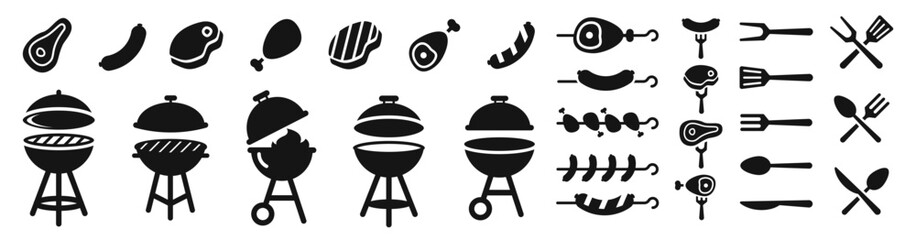 BBQ icon set. Barbecue grilling icons. BBQ picnic symbols. Silhouette style vector icons.