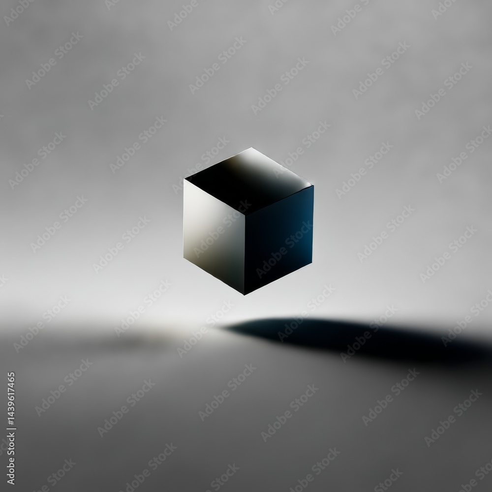 Poster Floating Cube: Minimalist Render with Abstract Shadow and Monochromatic Gradient Background