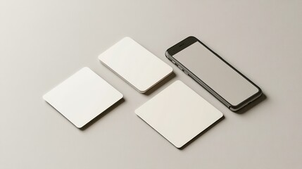 Blank cards, phone, grey background; mockup