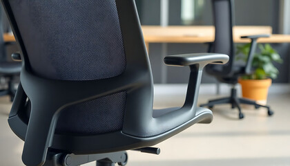 black office chair sitting in front of a wooden table