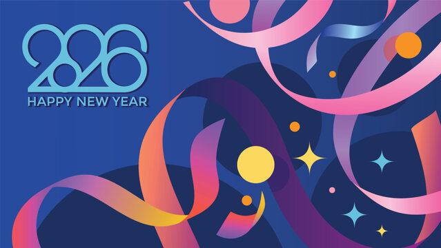 Creative Design to 2026 Happy New Year Celebration Concept, Banner with a Variety of colorful confetti and 2026 Logo text design