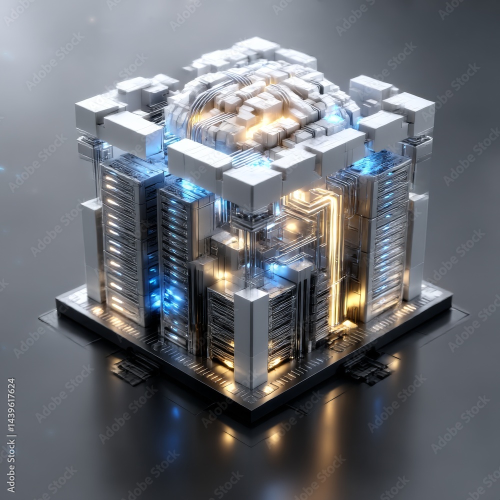 Poster Futuristic Data Core: A Complex 3D Render of a Digital Information Hub with Glowing Details and Abstract Architecture.