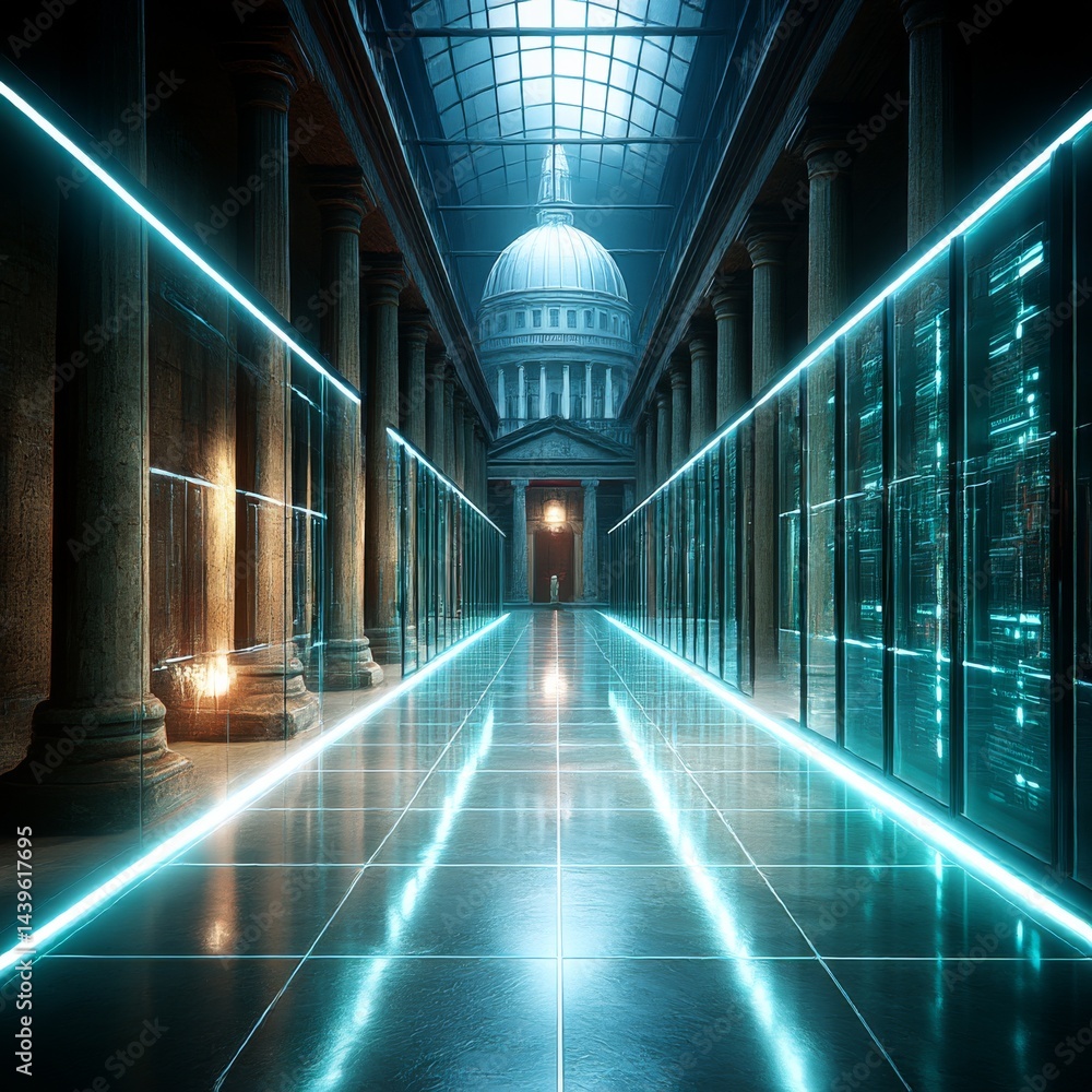 Poster futuristic data center hallway with server racks, ancient columns, and illuminated path towards the 