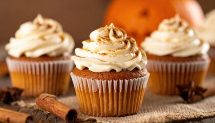 Delicious Pumpkin Spice Cupcakes with Creamy Swirl Frosting Decorated with Cinnamon and Nutmeg on Rustic Background with Autumn Elements
