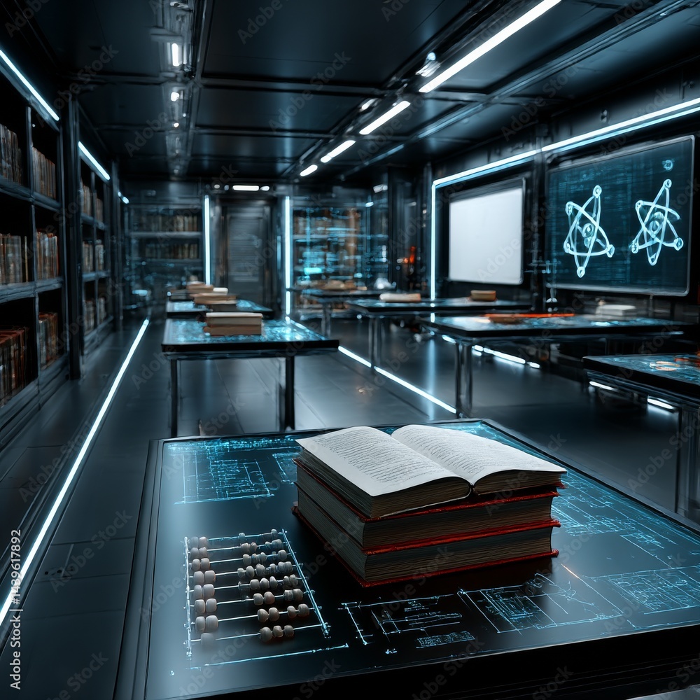 Aufkleber futuristic library: books and technology merge in a modern study environment for enhanced learning a