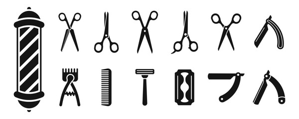 Barbershop elements icons. Blades and scissors icons. Barbershop symbol set.  Silhouette style icon set.