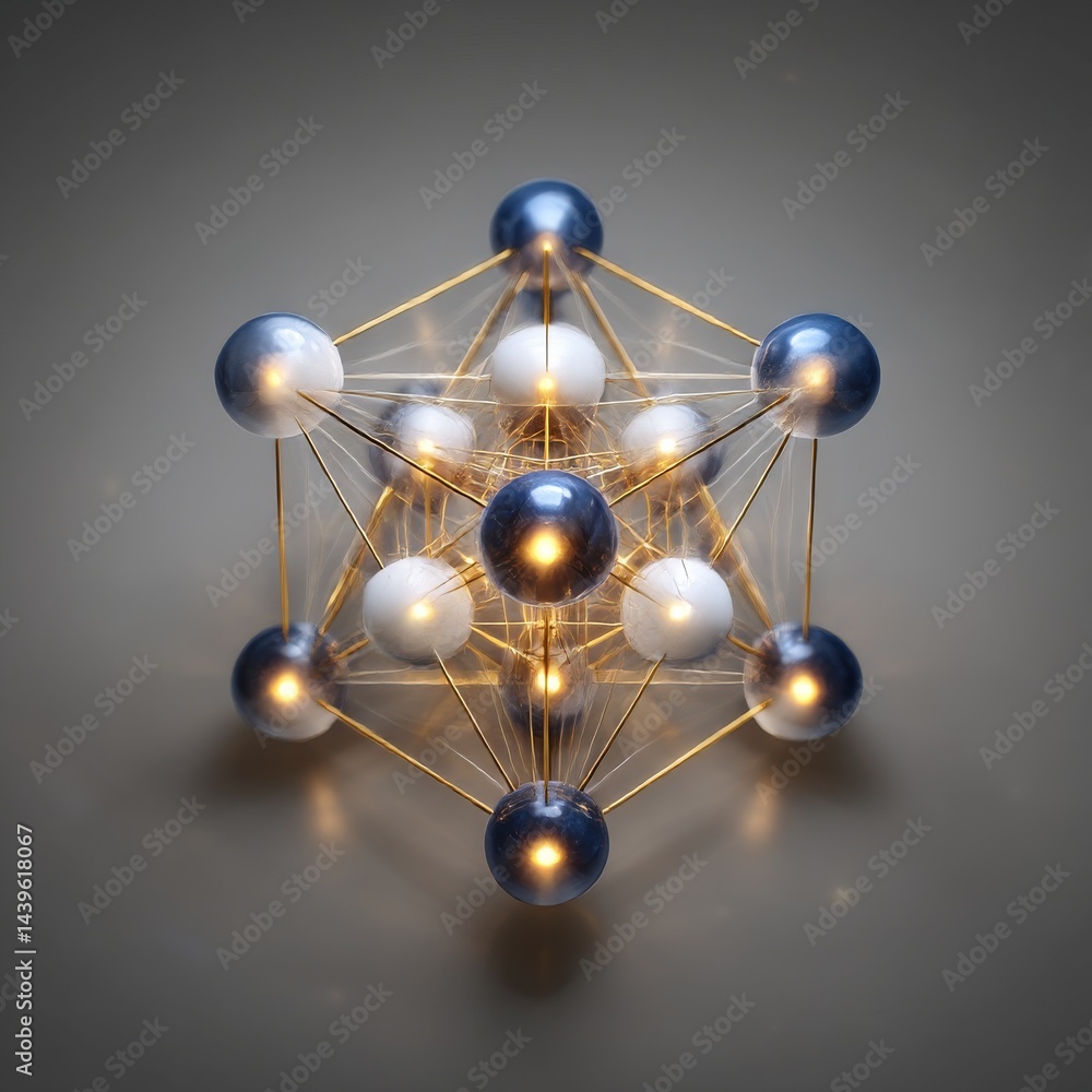 Poster Geometric Atom Structure with Spheres and Golden Connections, Highlighting Modern Design and Complex Interconnectivity