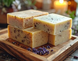 Four Handmade Soap Bars with Lavender Embellishments on a Wooden Tray Surrounded by Natural Decor and Soft Candle Light