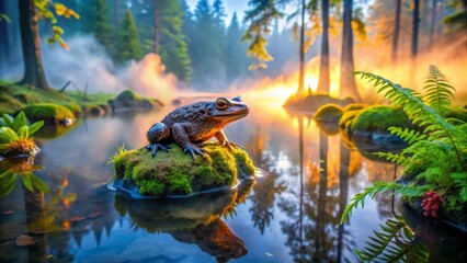 Fototapeta premium Serene Sunrise A Frog's Reflective Gaze Upon a Misty Pond in a Forest