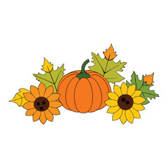 Pumpkins, sunflowers, and autumn leaves create a warm, colorful tapestry of fall, blending golden hues, crisp air, and harvest beauty into a cozy seasonal scene.