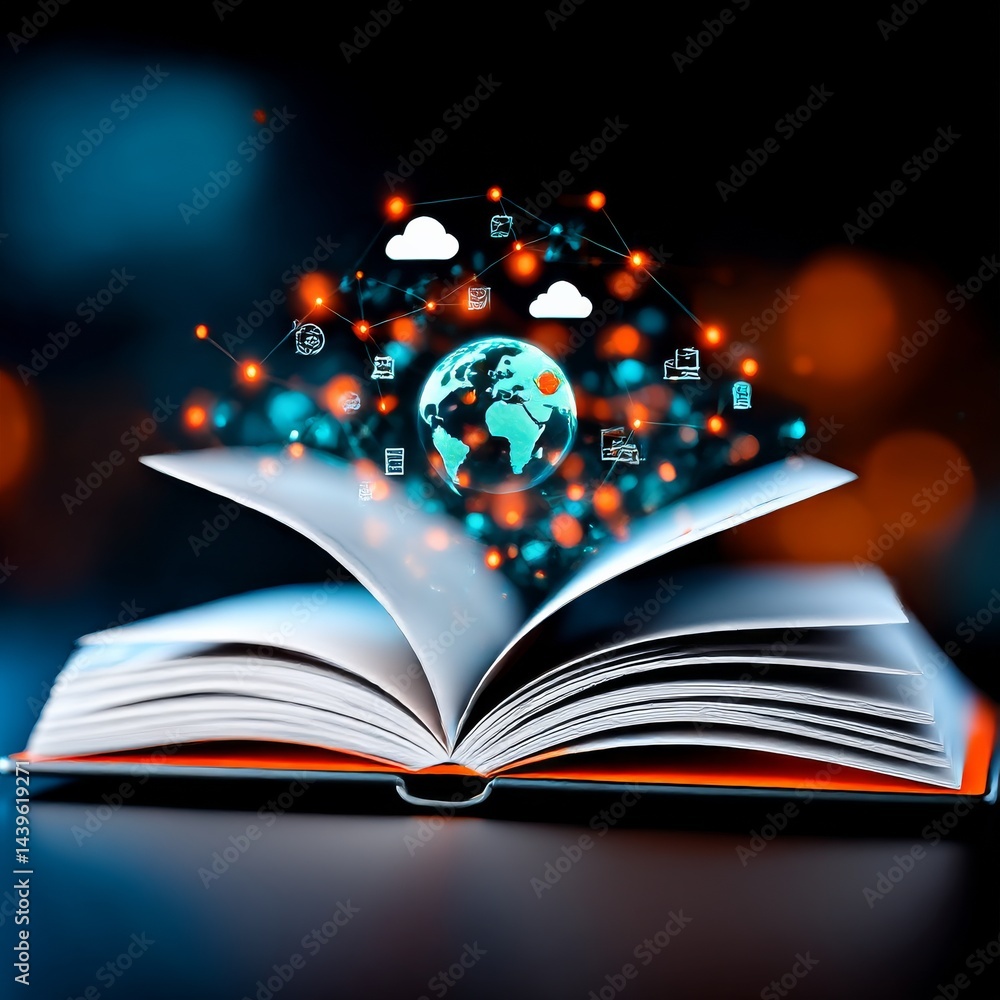 Aufkleber open book illuminating global digital network connections: a vision of knowledge and connectivity
