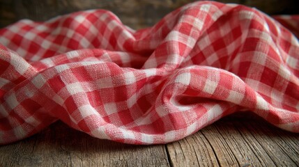Red and white checkered tablecloth draped on rustic wooden surface.