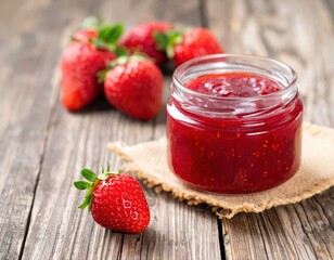Fresh Strawberry Jam in Glass Jar on Rustic Wooden Table Surrounded by Ripe Strawberries and Natural Elements for Culinary Inspiration