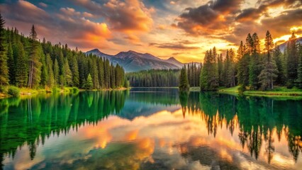 Fototapeta premium Serene mountain lake reflecting vibrant sunset hues, surrounded by lush evergreen forest