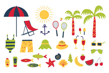 Summer doodle with Sea Accessories tropical nature elements, fruits on isolated background. Vector illustration with sun umbrella, rackets, swimsuit, panamas, anchor, sunscreen, palms, fish, shells