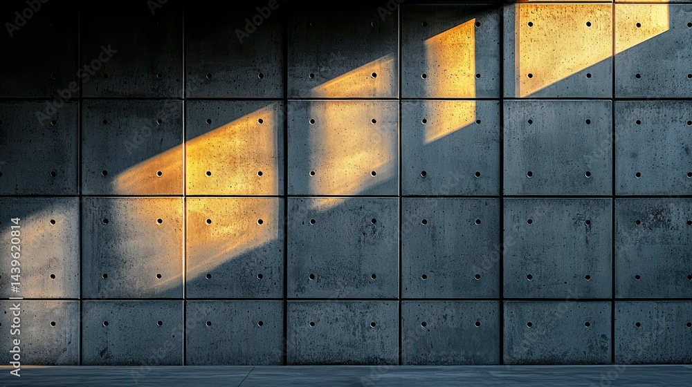Poster sunlight on tiled wall creates abstract patterns
