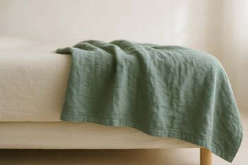 Macro close-up of green linen throw in natural sunlight
