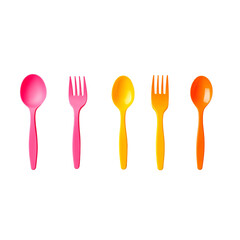 Colorful plastic utensils arranged in row, perfect for kids meals