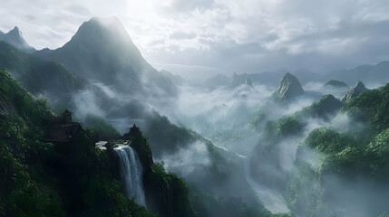 Misty Mountain Landscape with Waterfall and Ancient Temple