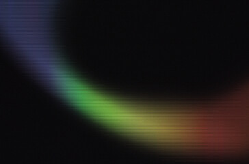 Rainbow glow beam on black background with grunge overlay. Abstract glowing light