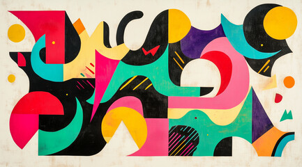 Obraz premium A vibrant mural with bold colors and shapes on a city wall celebrates public art and creativity