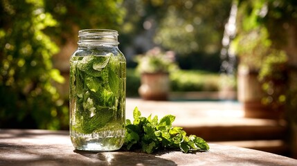 Mint-infused water jar on outdoor table, sunlit garden blur in background