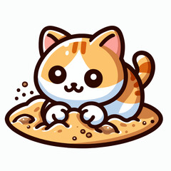 Cartoon depiction of a ginger and white kitten, playfully digging in a pile of sand.  The kitten has big eyes and a happy expression.