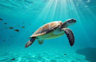 sea ​​turtle underwater in sun rays close up