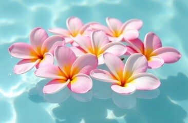 pink tropical flowers floating in blue ocean water