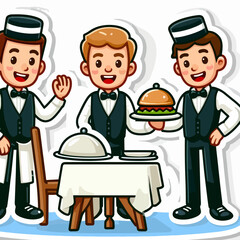 Cartoon graphic of three friendly waiters in formal attire,  one serving food,  and others awaiting orders at a restaurant table.