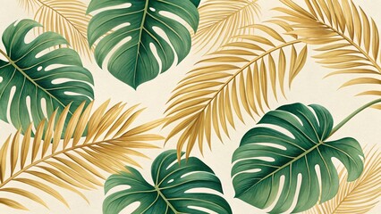 Vibrant Green Monstera and Golden Palm Leaves Tropical Botanical Illustration