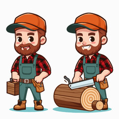 Two cartoon figures of a person dressed in work clothes, likely involved in carpentry and working with wood.