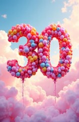 number 30 made of colored balloons in a pink sky