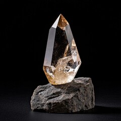 A meticulously crafted smoky quartz crystal point stands elegantly on a dark grey slate base against a pure black background showcasing its translucent amber hues and intricate
