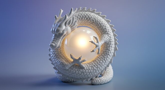 Close-up of a white porcelain dragon wrapped around a glowing pearl