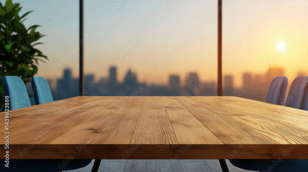 Poster wooden table in modern office setting with sunset view through large windows, creating warm and invi