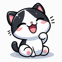Cheerful cartoon cat, black and white, in a sitting position, raising a paw with a joyful expression.