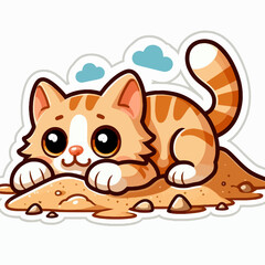Ginger tabby cartoon kitten with large eyes is shown playing in a mound of tan sand.