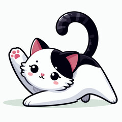 Stylized, cartoon illustration of a black and white cat in a playful, dynamic pose, with large expressive eyes.