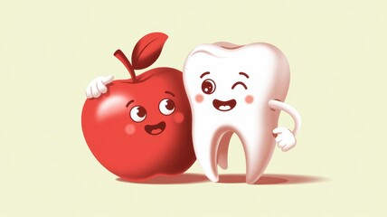 Fototapeta premium Cute 3D render illustration featuring a smiling, winking anthropomorphic white tooth character standing happily next to a large, stylized red apple character (also with a simple cute face). 