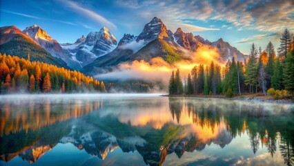 Fototapeta premium Serene Autumn Sunrise Over Majestic Mountain Range Reflected in Still Lake Waters