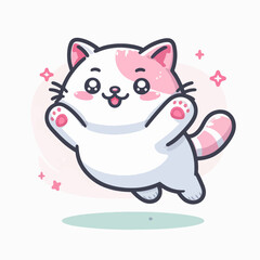 Playful, cartoon cat image depicted as if leaping in the air, with expressive features and soft color palettes.