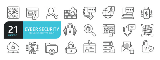 Set of line icons related to cyber security, defense, protection. Outline icons collection. Editable stroke. Vector illustration