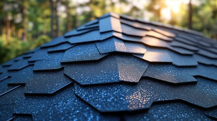 Tiled roof detail with blurry forest backdrop