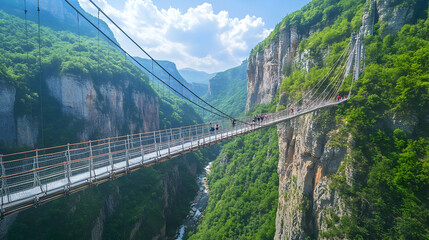 Fototapeta premium Glass Bridge in Mountainous Landscape: A Thrilling View