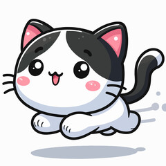 Joyful, cartoonish black and white cat character depicted in a dynamic running pose.