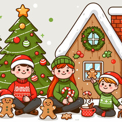 Family of three children in warm winter clothing and enjoying Christmas treats by a gingerbread house, surrounded by Christmas trees.