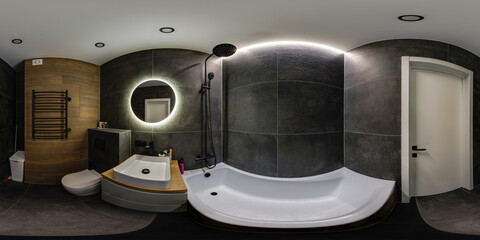 seamless 360 hdri panorama in interior of dark toilet and black details with shower cabin and wall...
